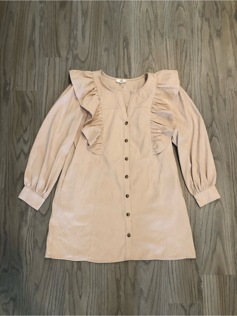 Entro Ruffle Shoulder Button Up Mini Dress Large Creme Beige Tan